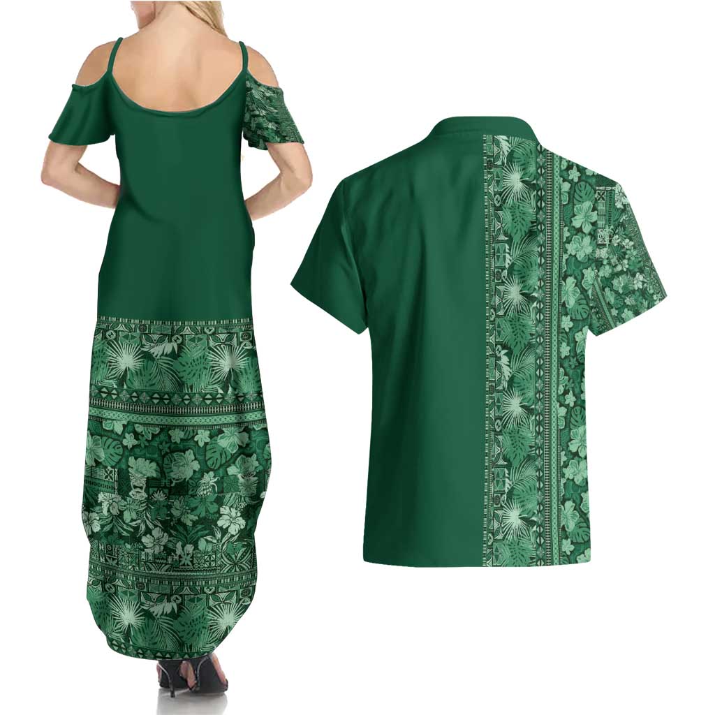 Hawaiian Tribal Elements Hibiscus Couples Matching Summer Maxi Dress and Hawaiian Shirt Green Pattern LT9 - Polynesian Pride