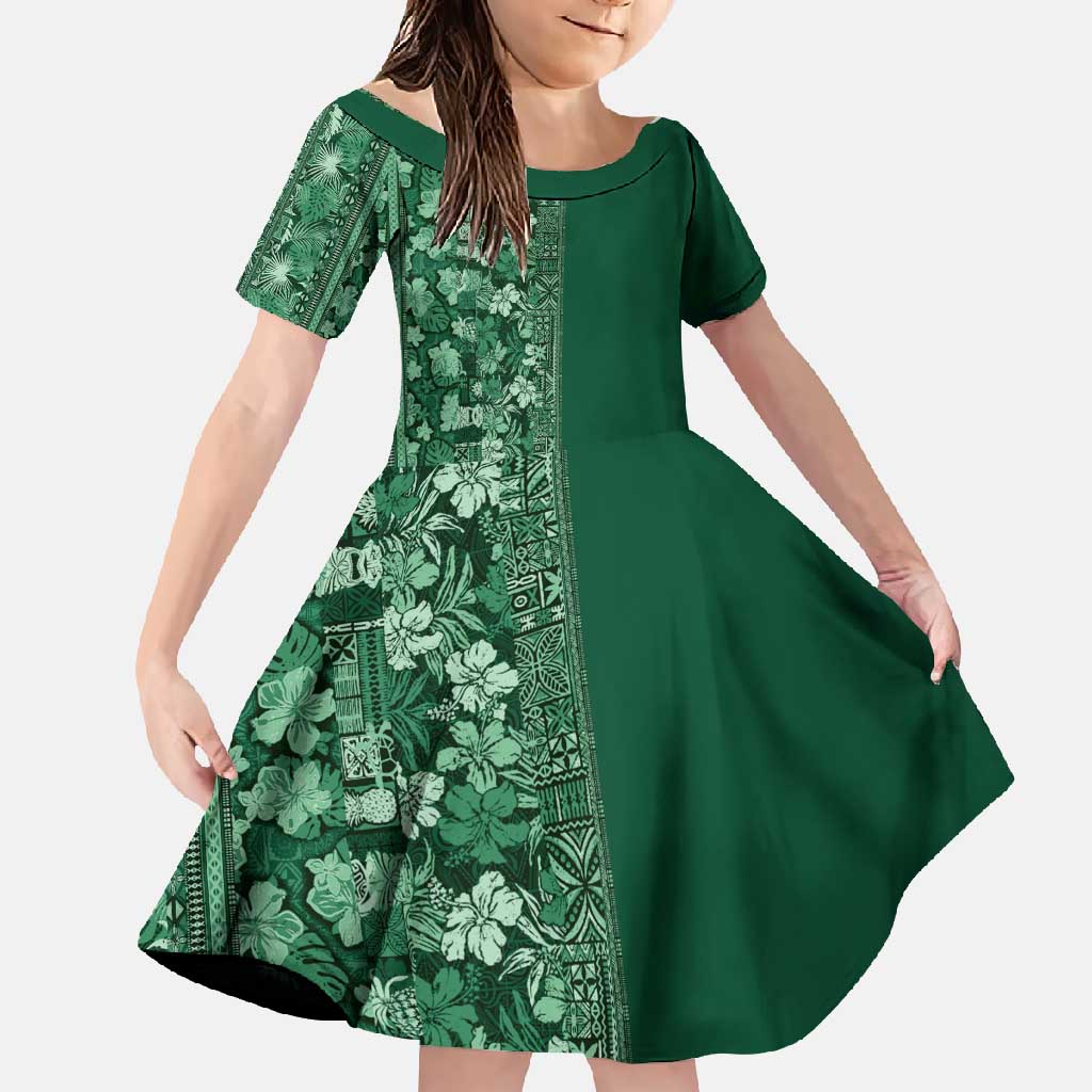 Hawaiian Tribal Elements Hibiscus Family Matching Long Sleeve Bodycon Dress and Hawaiian Shirt Green Pattern - Polynesian Pride