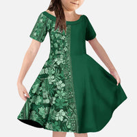Hawaiian Tribal Elements Hibiscus Family Matching Off The Shoulder Long Sleeve Dress and Hawaiian Shirt Green Pattern - Polynesian Pride