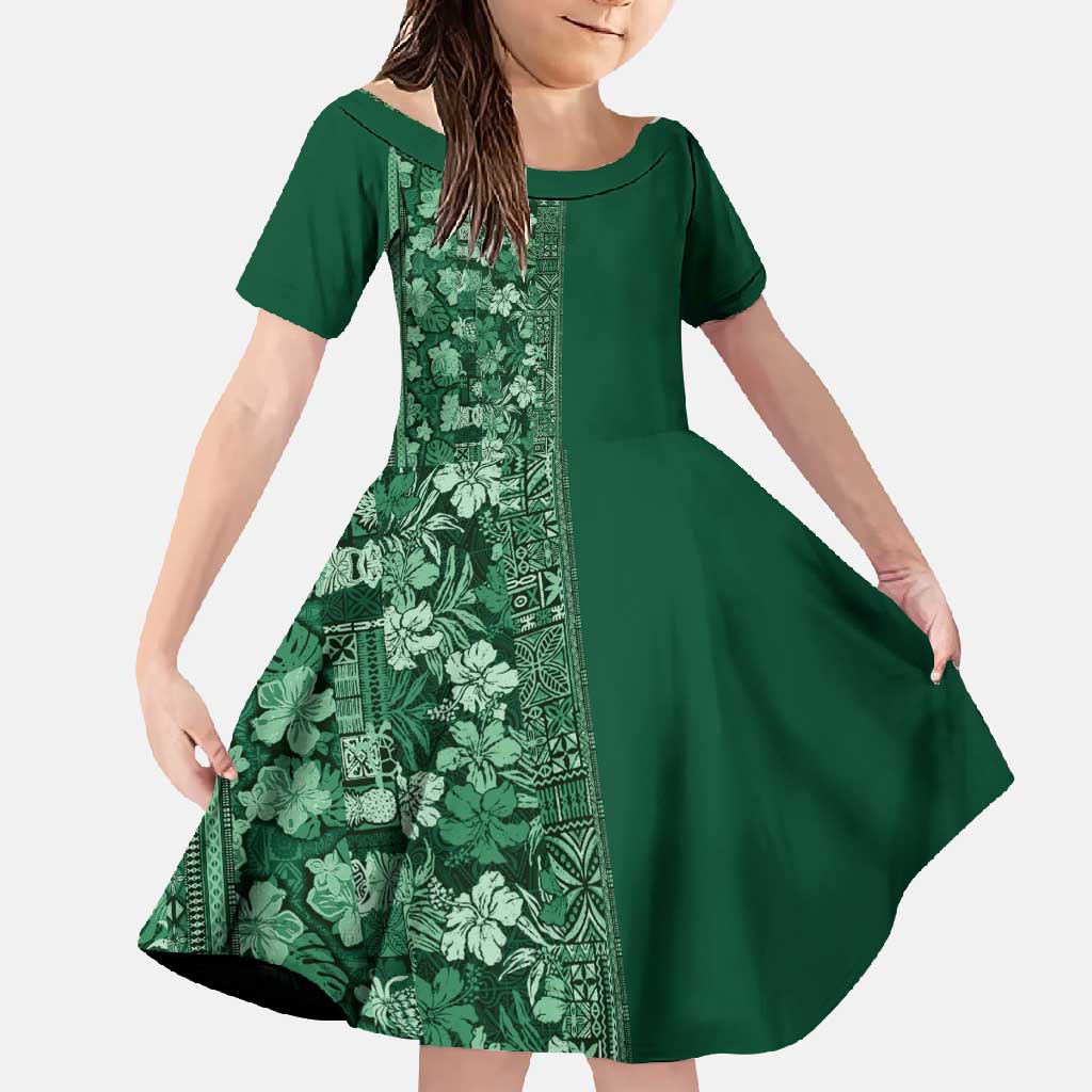 Hawaiian Tribal Elements Hibiscus Family Matching Off Shoulder Maxi Dress and Hawaiian Shirt Green Pattern - Polynesian Pride