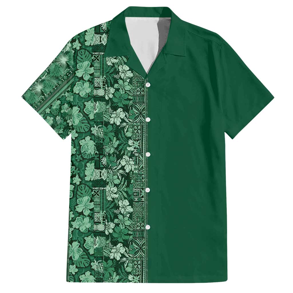 Hawaiian Tribal Elements Hibiscus Family Matching Short Sleeve Bodycon Dress and Hawaiian Shirt Green Pattern - Polynesian Pride