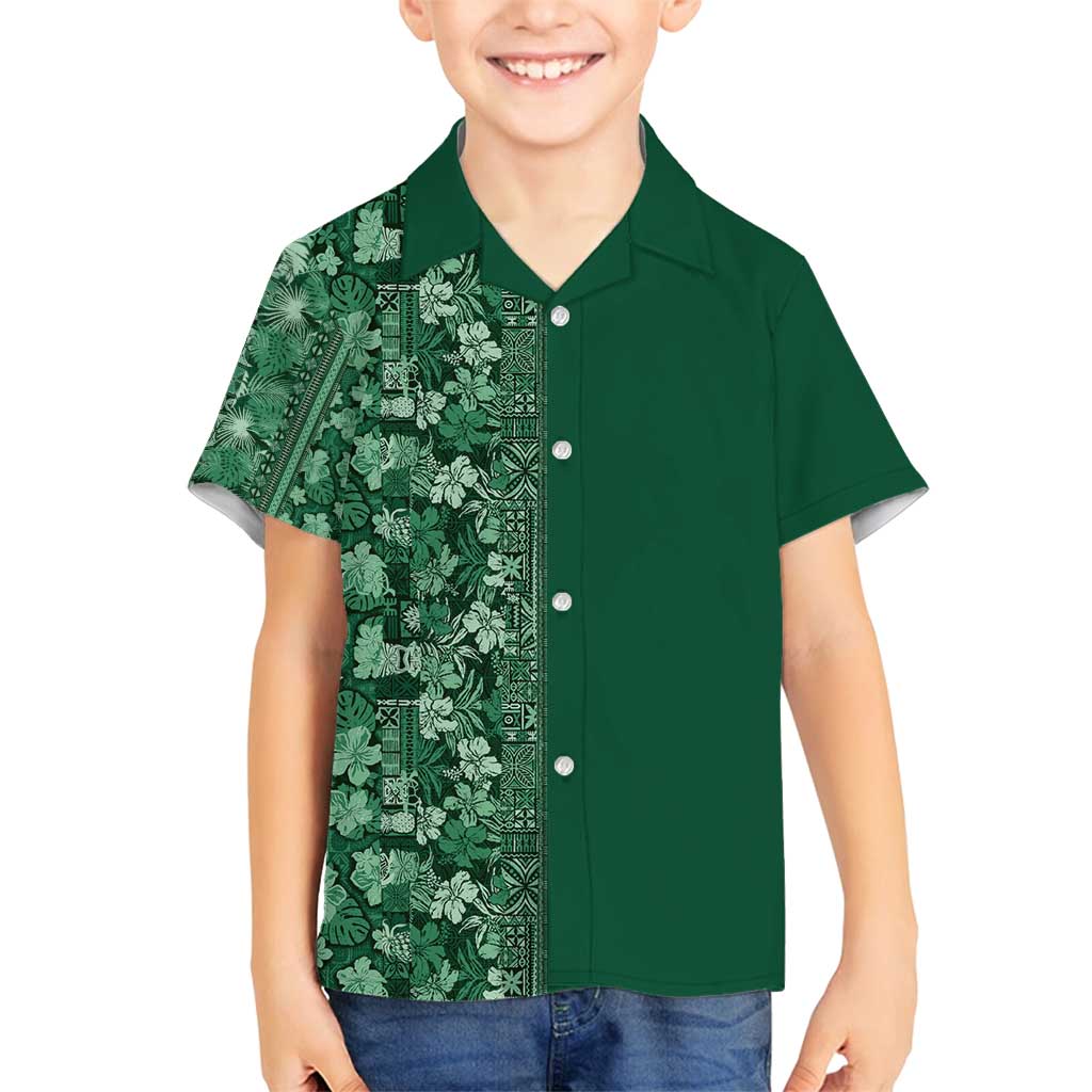 Hawaiian Tribal Elements Hibiscus Family Matching Summer Maxi Dress and Hawaiian Shirt Green Pattern - Polynesian Pride