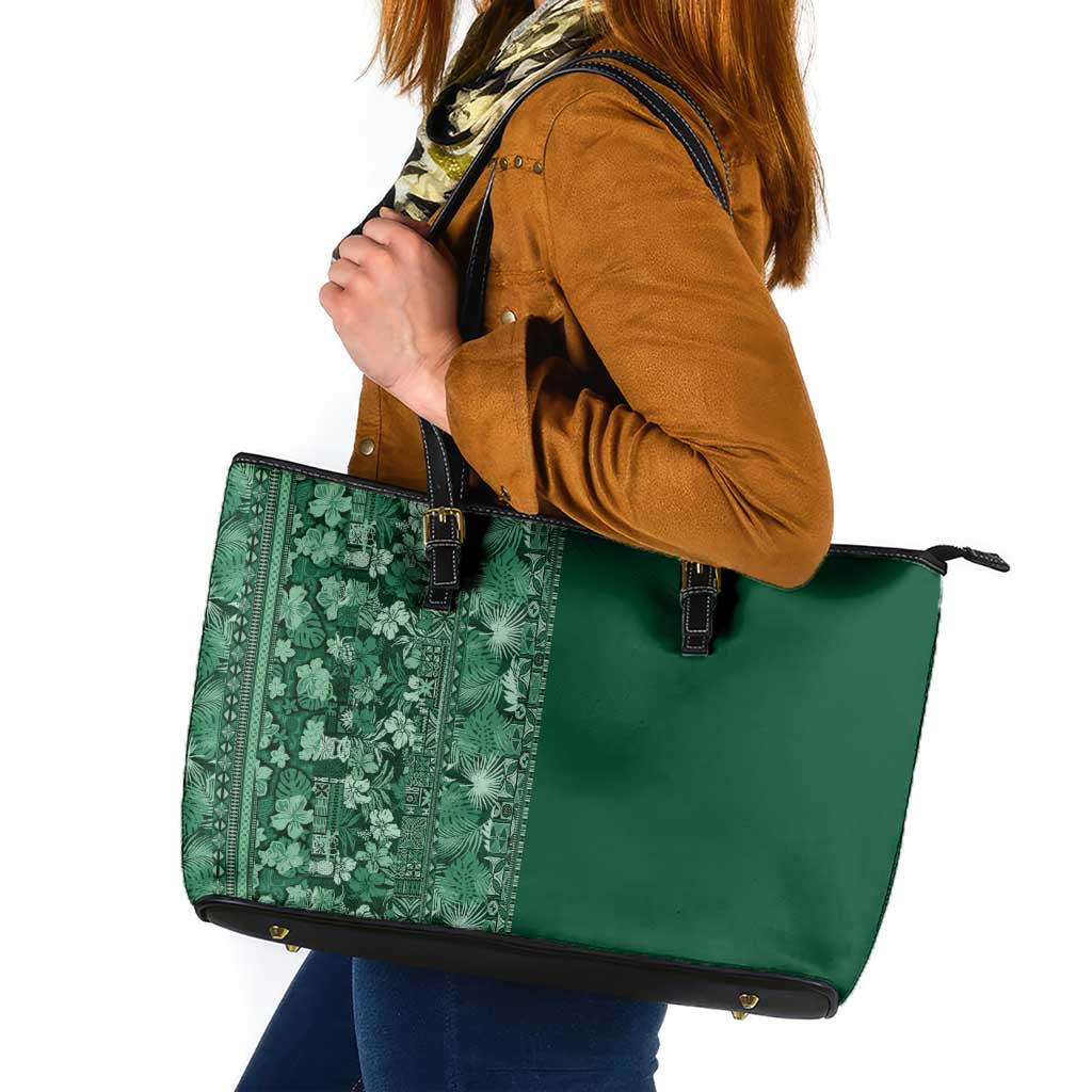 Hawaiian Tribal Elements Hibiscus Leather Tote Bag Green Pattern - Polynesian Pride