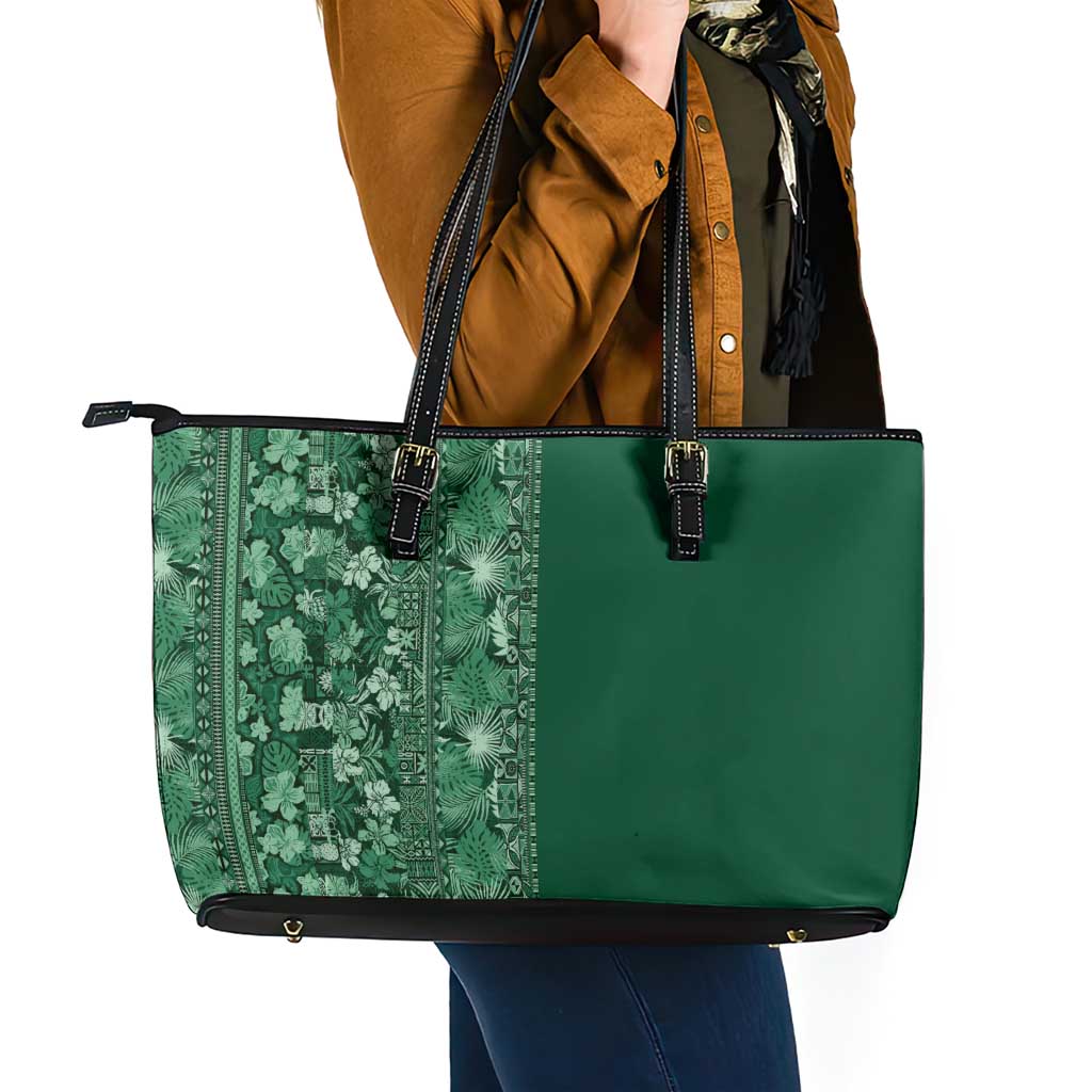 Hawaiian Tribal Elements Hibiscus Leather Tote Bag Green Pattern - Polynesian Pride
