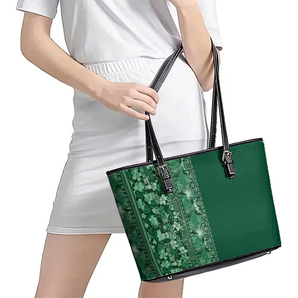 Hawaiian Tribal Elements Hibiscus Leather Tote Bag Green Pattern - Polynesian Pride