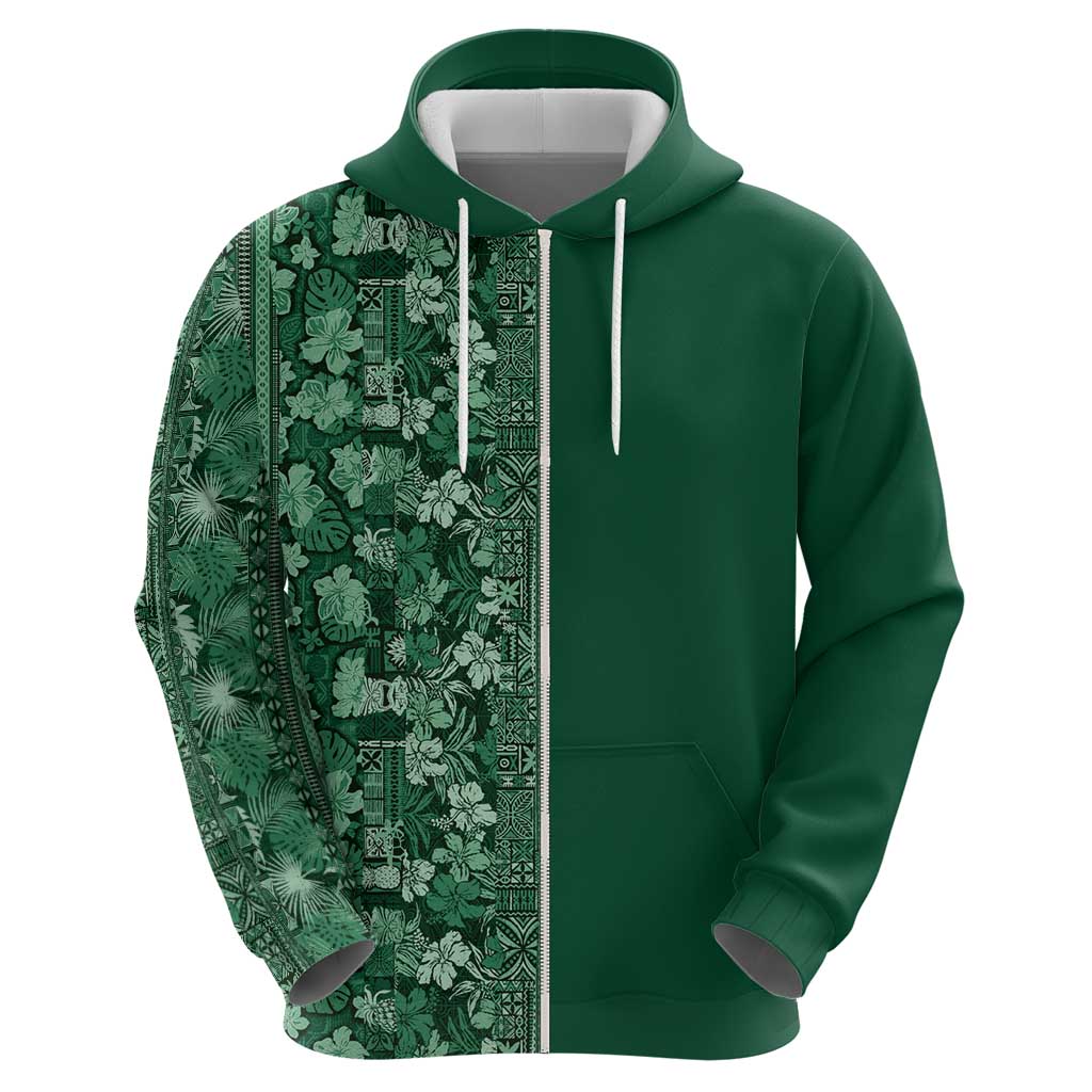 Hawaiian Tribal Elements Hibiscus Zip Hoodie Green Pattern - Polynesian Pride