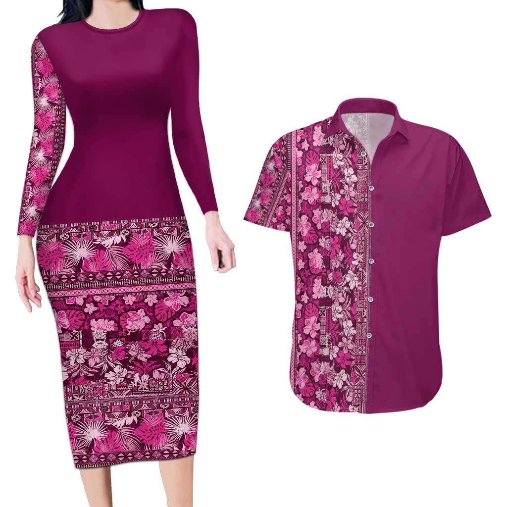Hawaiian Tribal Elements Hibiscus Couples Matching Long Sleeve Bodycon Dress and Hawaiian Shirt Pink Pattern LT9 Pink - Polynesian Pride