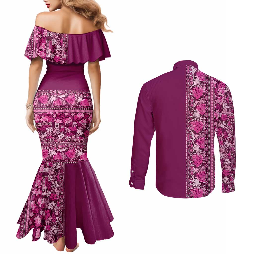 Hawaiian Tribal Elements Hibiscus Couples Matching Mermaid Dress and Long Sleeve Button Shirt Pink Pattern - Polynesian Pride