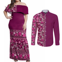 Hawaiian Tribal Elements Hibiscus Couples Matching Off Shoulder Maxi Dress and Long Sleeve Button Shirt Pink Pattern LT9 Pink - Polynesian Pride