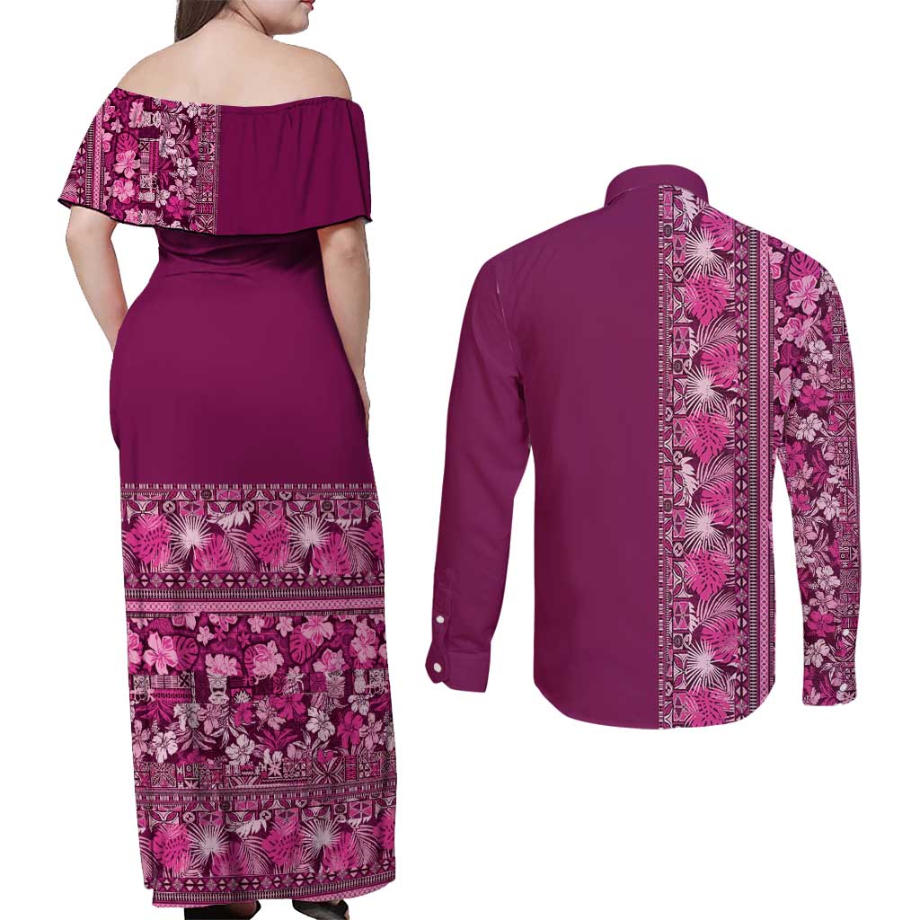 Hawaiian Tribal Elements Hibiscus Couples Matching Off Shoulder Maxi Dress and Long Sleeve Button Shirt Pink Pattern LT9 - Polynesian Pride
