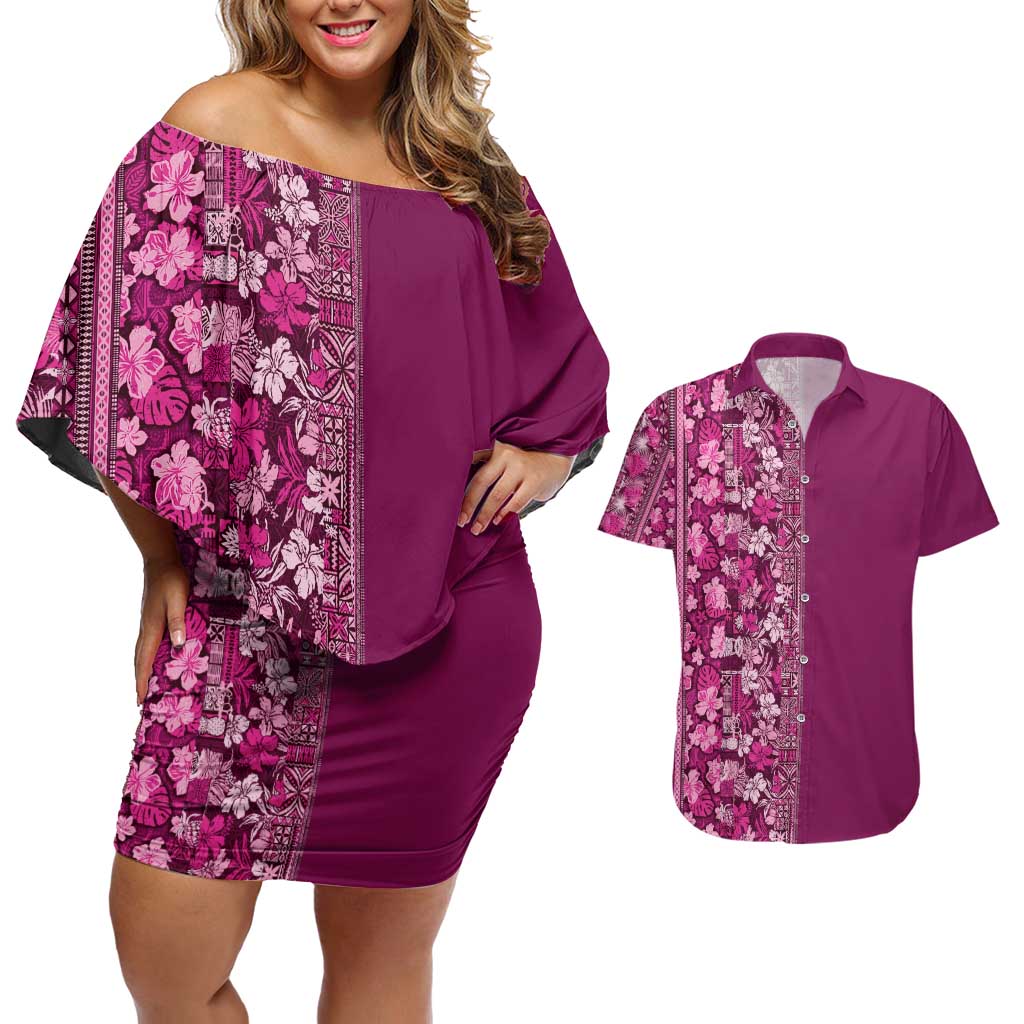 Hawaiian Tribal Elements Hibiscus Couples Matching Off Shoulder Short Dress and Hawaiian Shirt Pink Pattern LT9 Pink - Polynesian Pride