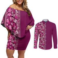 Hawaiian Tribal Elements Hibiscus Couples Matching Off Shoulder Short Dress and Long Sleeve Button Shirt Pink Pattern LT9 Pink - Polynesian Pride