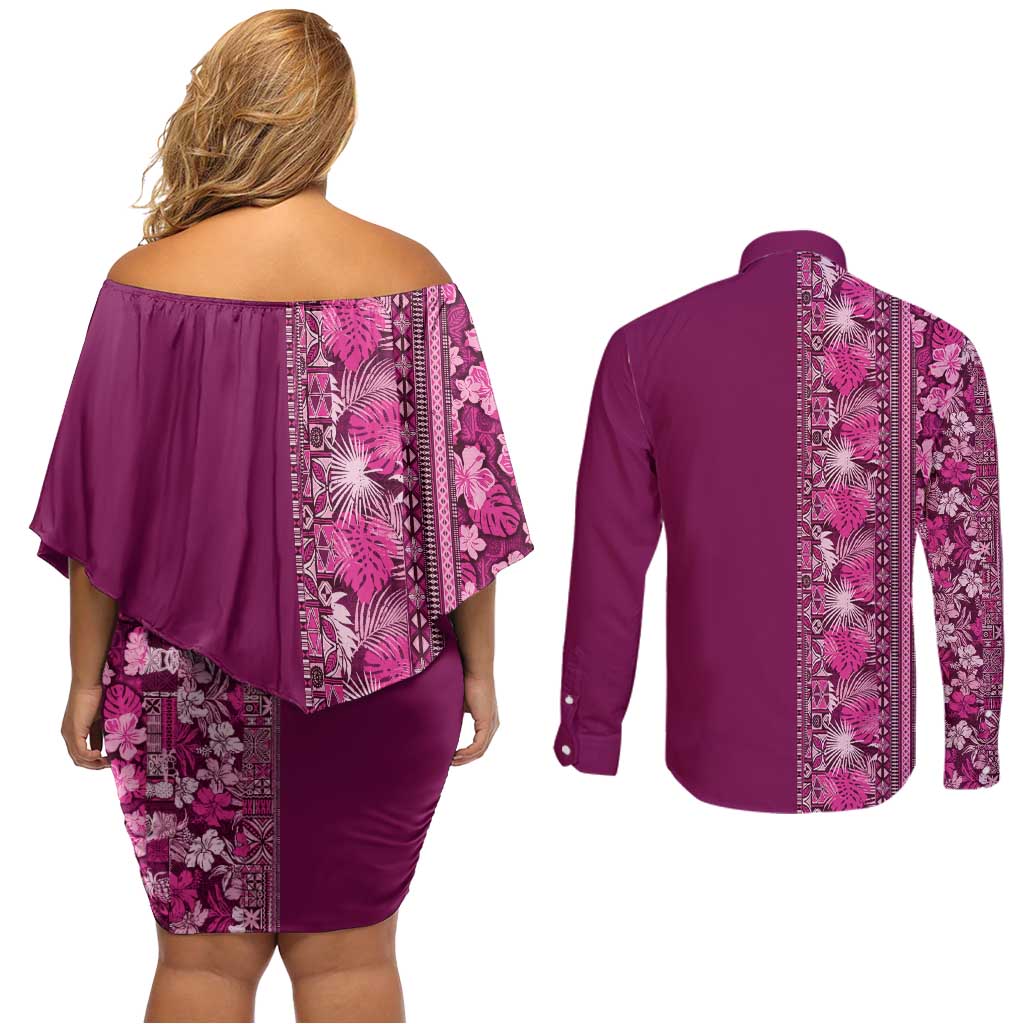 Hawaiian Tribal Elements Hibiscus Couples Matching Off Shoulder Short Dress and Long Sleeve Button Shirt Pink Pattern LT9 - Polynesian Pride