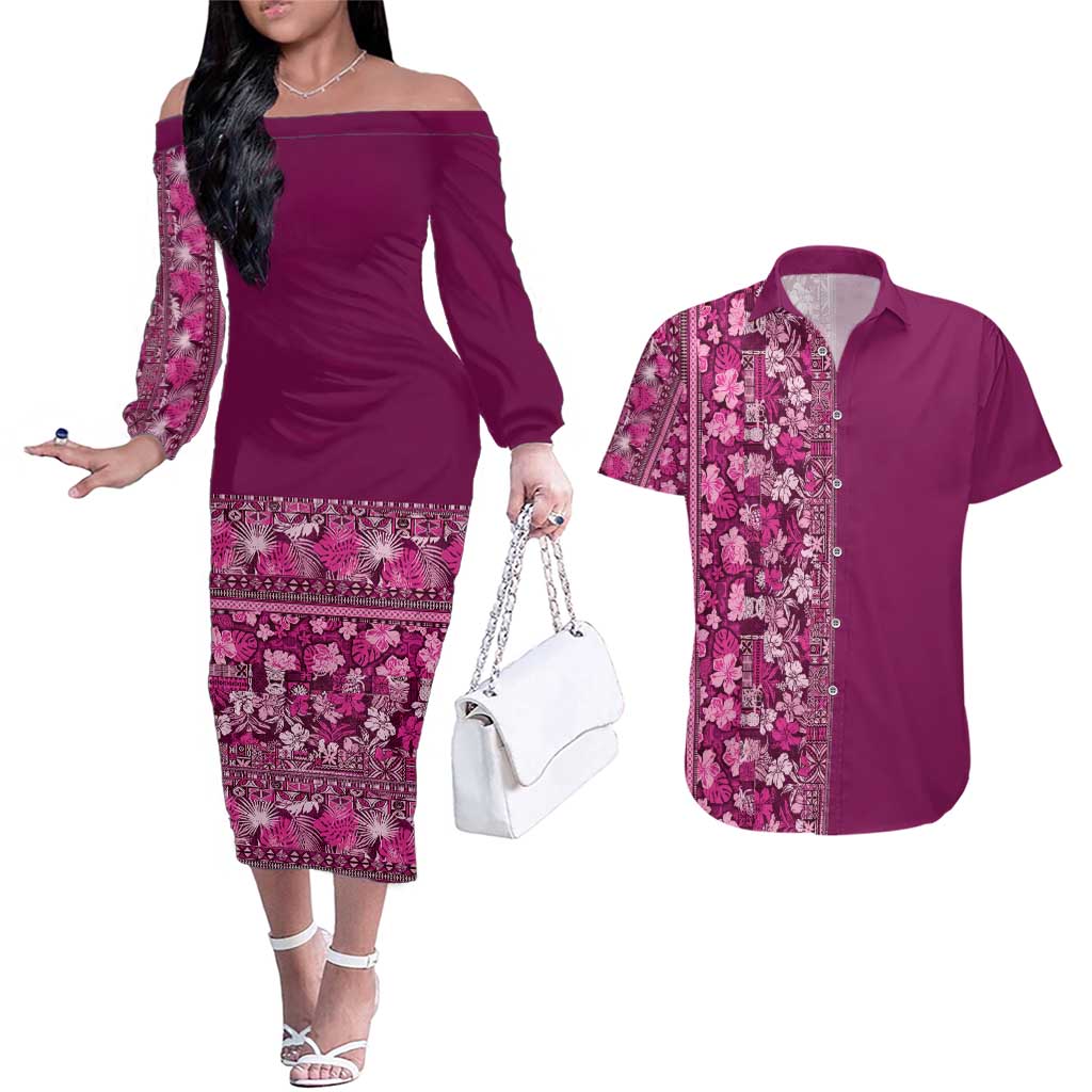 Hawaiian Tribal Elements Hibiscus Couples Matching Off The Shoulder Long Sleeve Dress and Hawaiian Shirt Pink Pattern LT9 Pink - Polynesian Pride