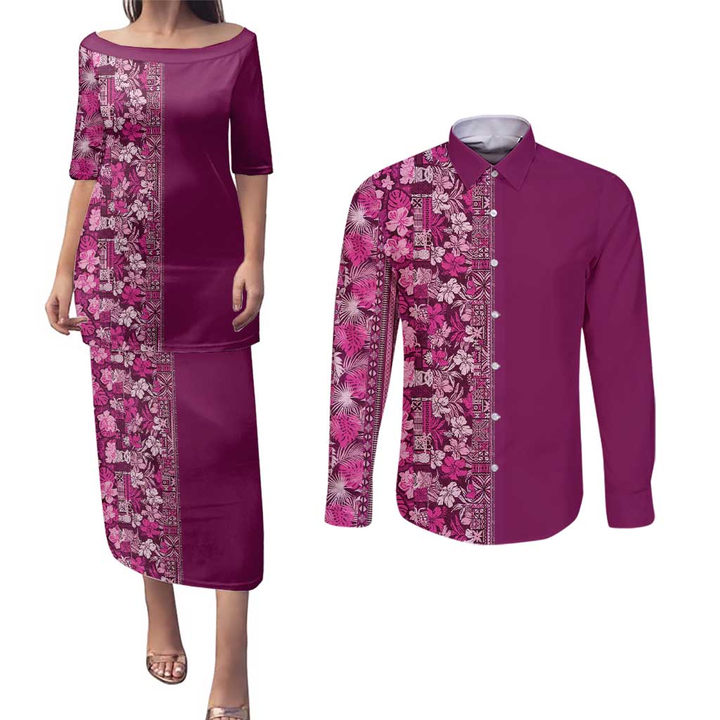 Hawaiian Tribal Elements Hibiscus Couples Matching Puletasi and Long Sleeve Button Shirt Pink Pattern - Polynesian Pride