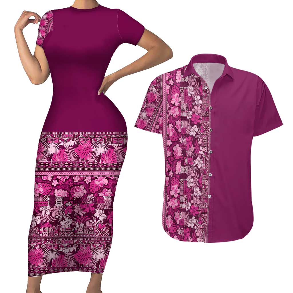Hawaiian Tribal Elements Hibiscus Couples Matching Short Sleeve Bodycon Dress and Hawaiian Shirt Pink Pattern LT9 Pink - Polynesian Pride