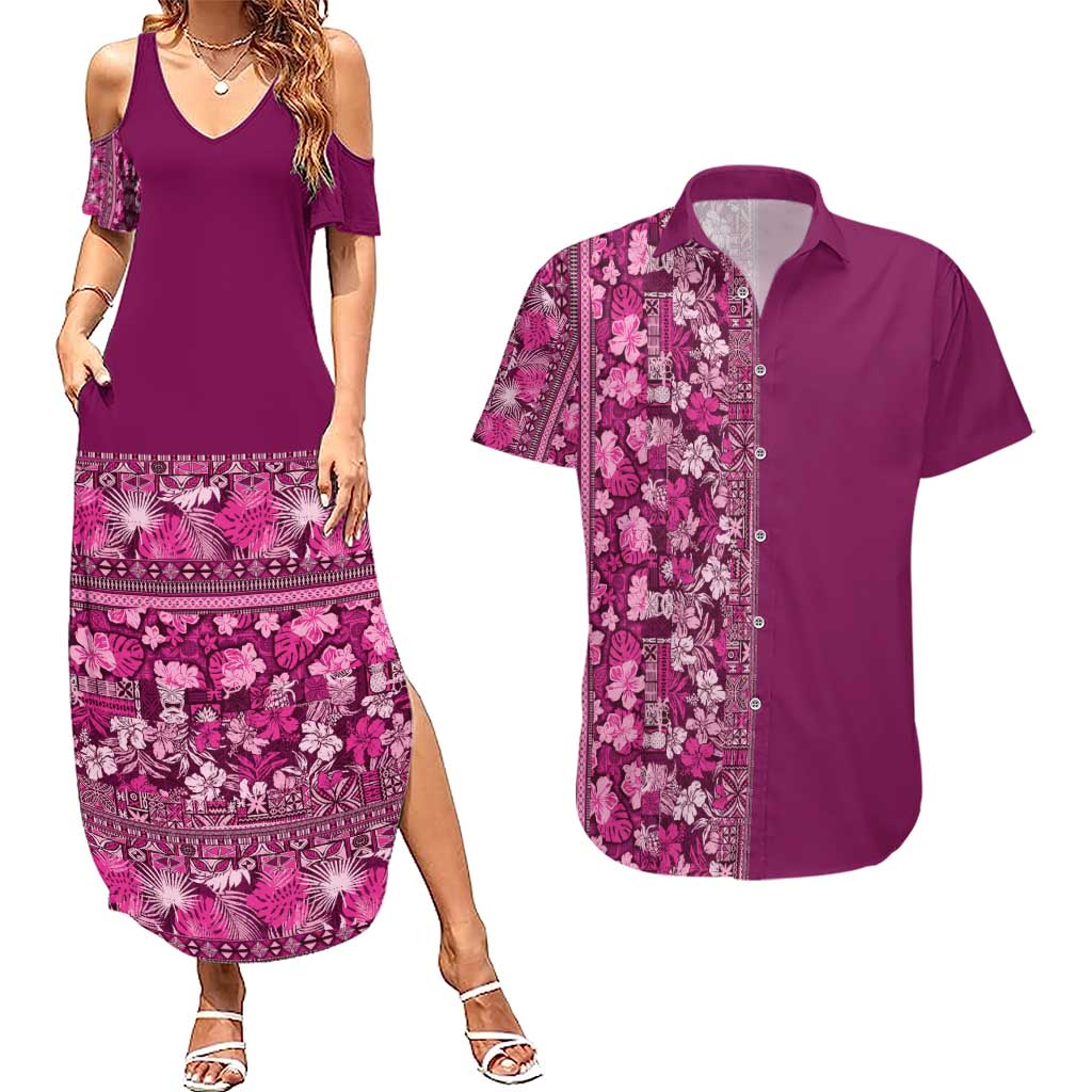 Hawaiian Tribal Elements Hibiscus Couples Matching Summer Maxi Dress and Hawaiian Shirt Pink Pattern LT9 Pink - Polynesian Pride