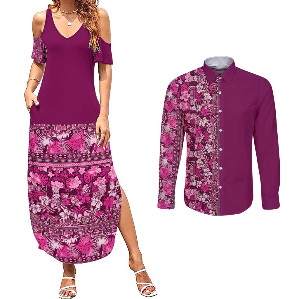 Hawaiian Tribal Elements Hibiscus Couples Matching Summer Maxi Dress and Long Sleeve Button Shirt Pink Pattern LT9 Pink - Polynesian Pride