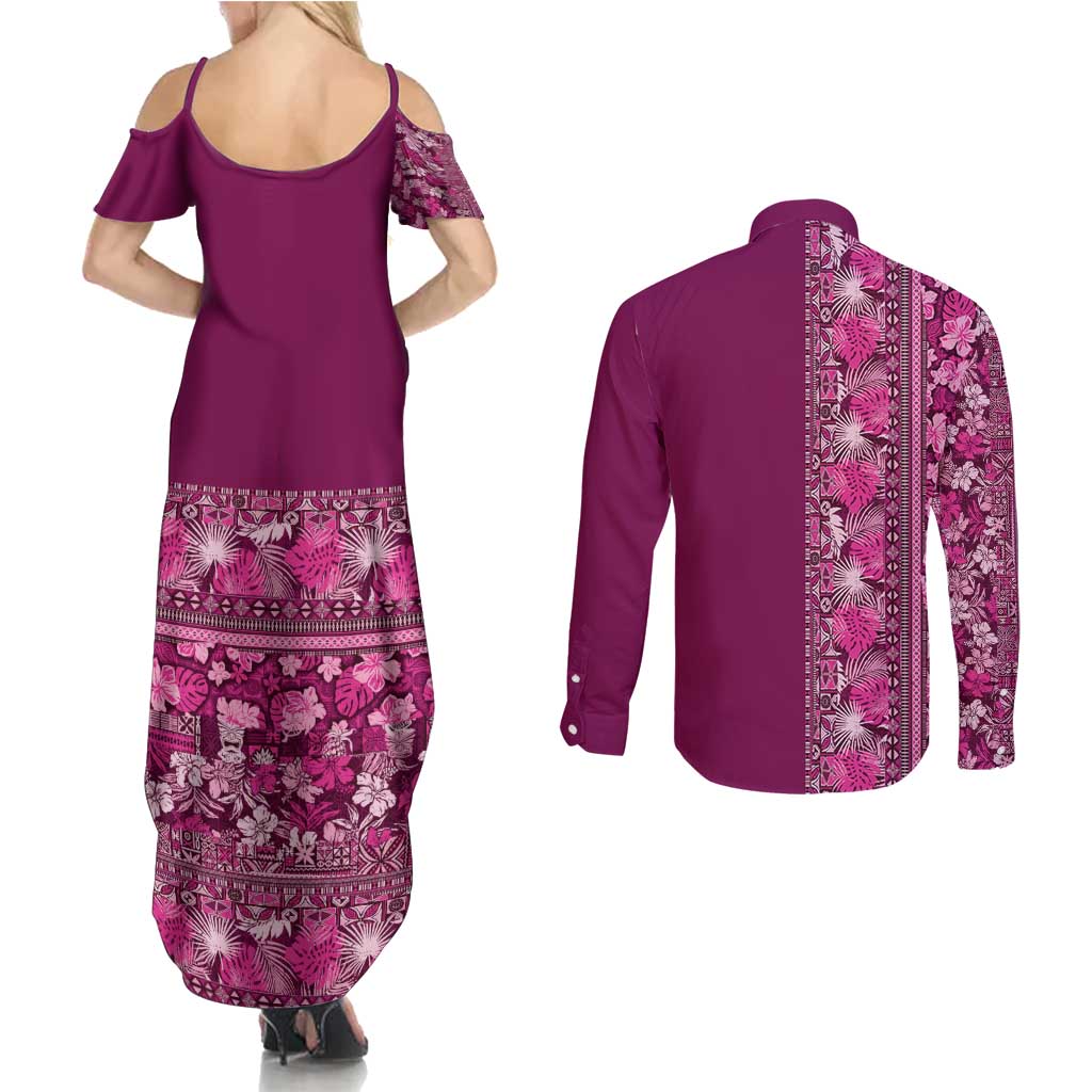 Hawaiian Tribal Elements Hibiscus Couples Matching Summer Maxi Dress and Long Sleeve Button Shirt Pink Pattern - Polynesian Pride
