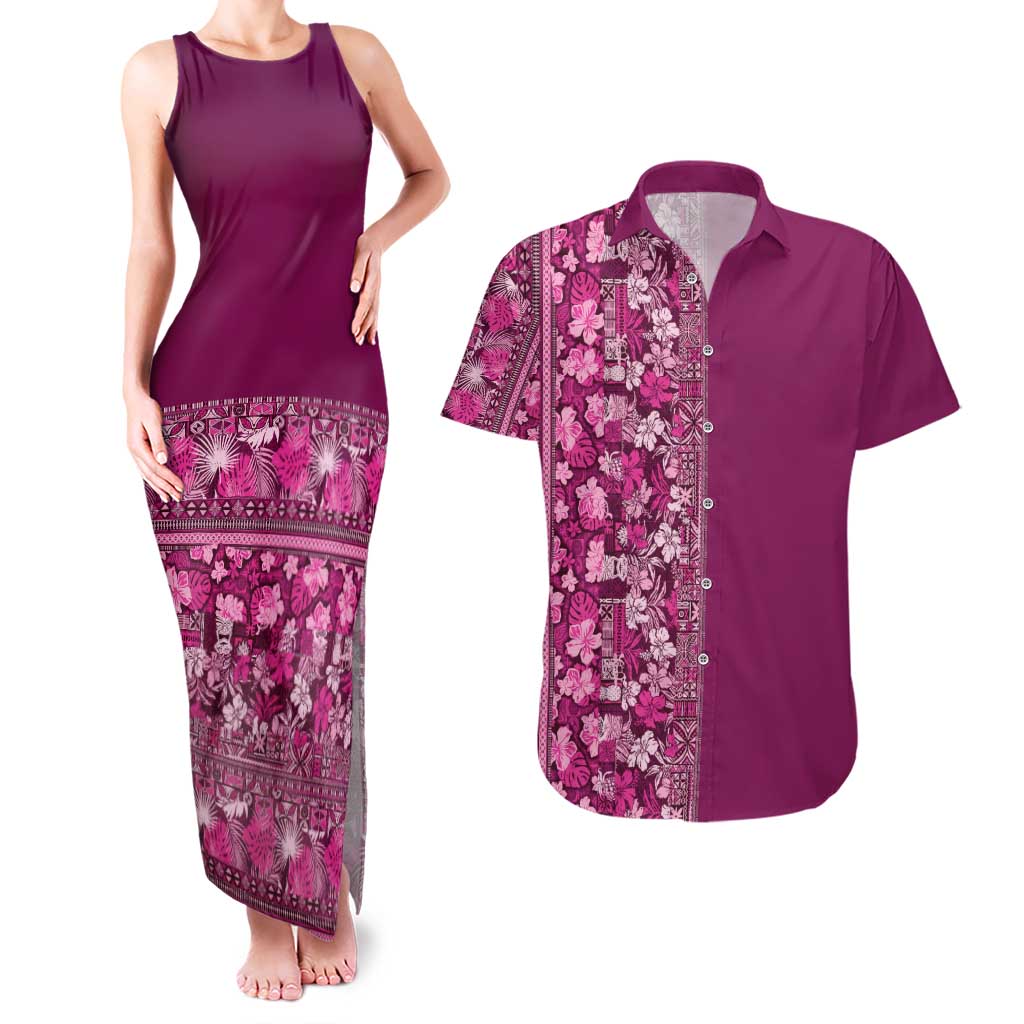 Hawaiian Tribal Elements Hibiscus Couples Matching Tank Maxi Dress and Hawaiian Shirt Pink Pattern LT9 Pink - Polynesian Pride