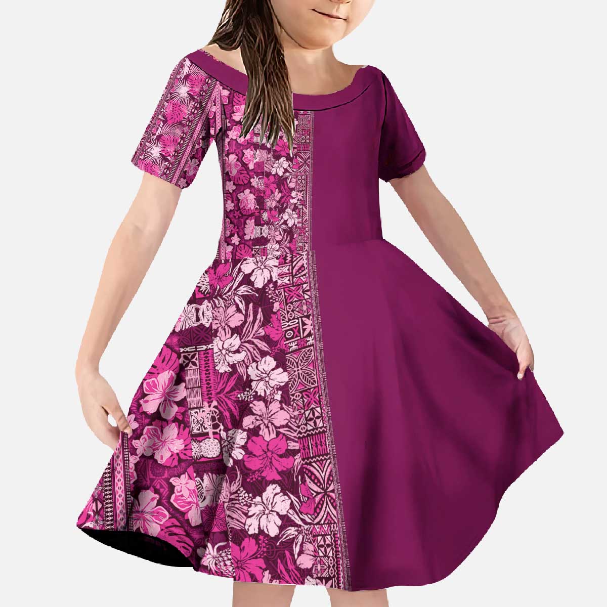 Hawaiian Tribal Elements Hibiscus Family Matching Off The Shoulder Long Sleeve Dress and Hawaiian Shirt Pink Pattern - Polynesian Pride