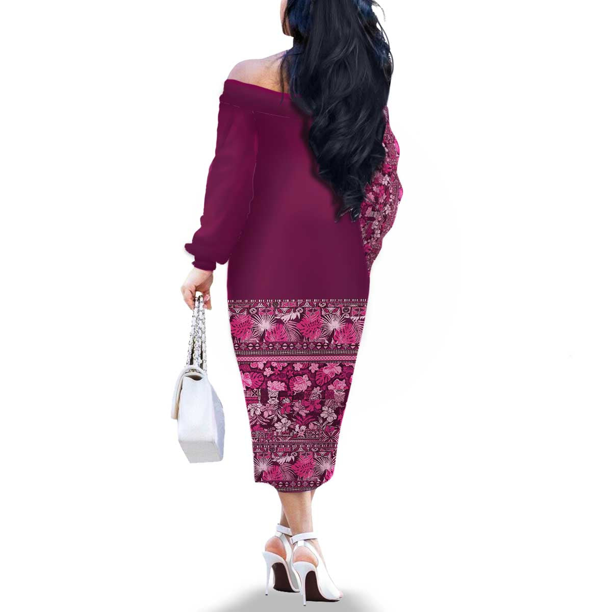 Hawaiian Tribal Elements Hibiscus Family Matching Off The Shoulder Long Sleeve Dress and Hawaiian Shirt Pink Pattern - Polynesian Pride