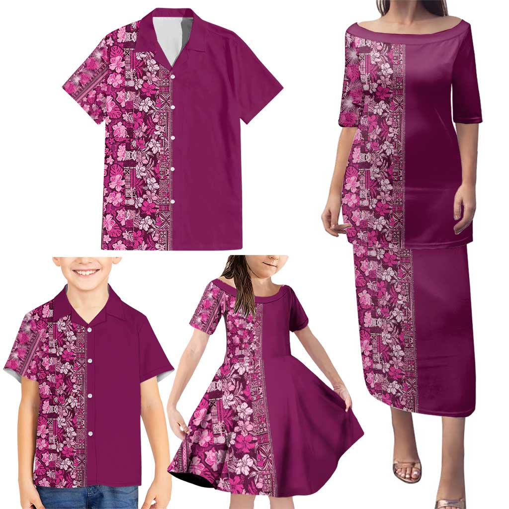 Hawaiian Tribal Elements Hibiscus Family Matching Puletasi and Hawaiian Shirt Pink Pattern LT9 - Polynesian Pride
