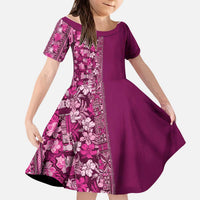 Hawaiian Tribal Elements Hibiscus Kid Short Sleeve Dress Pink Pattern - Polynesian Pride