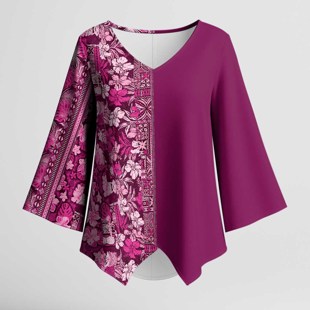 Hawaiian Tribal Elements Hibiscus Kimono Sleeve Blouse Pink Pattern LT9 Female Pink - Polynesian Pride