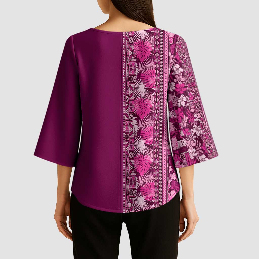 Hawaiian Tribal Elements Hibiscus Kimono Sleeve Blouse Pink Pattern - Polynesian Pride