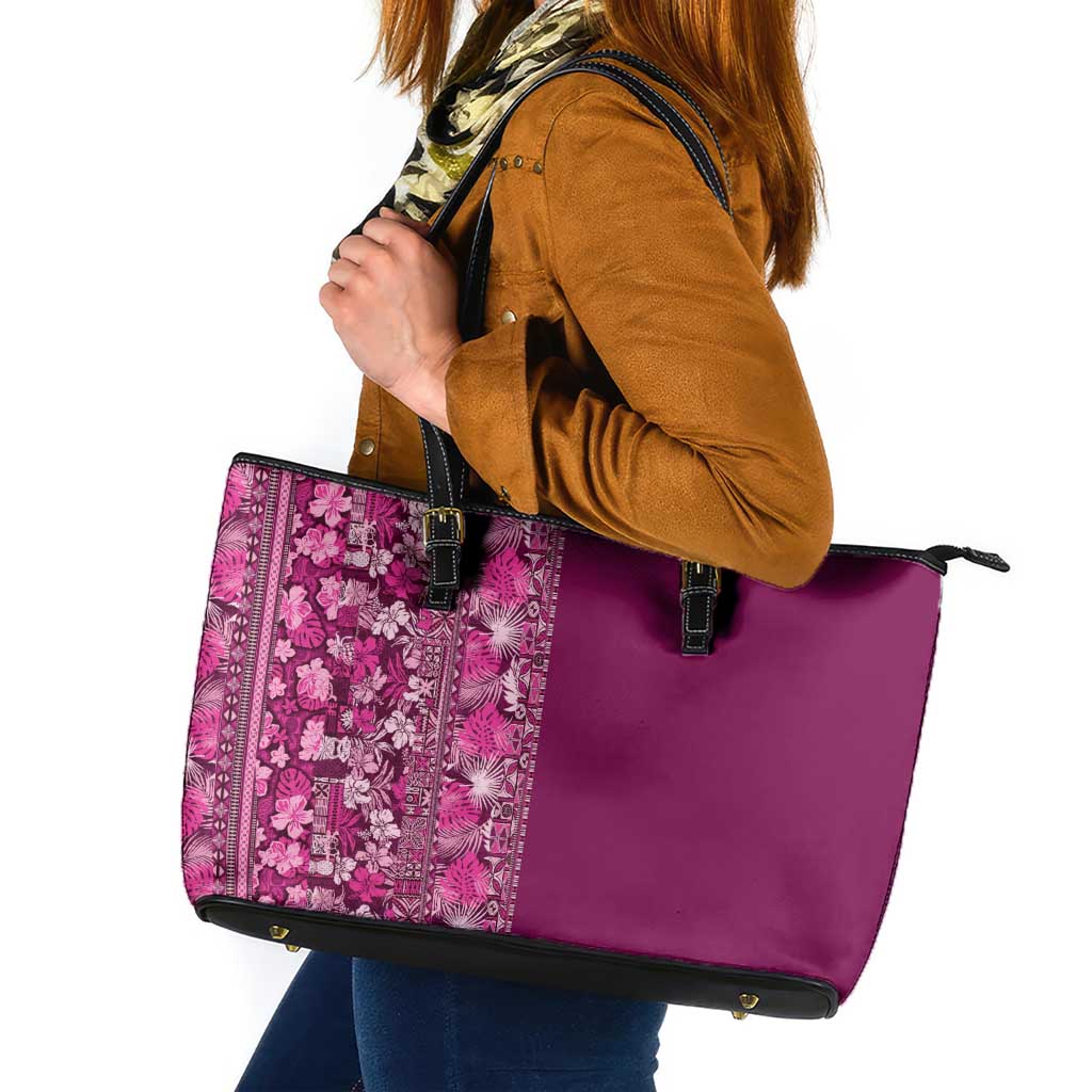 Hawaiian Tribal Elements Hibiscus Leather Tote Bag Pink Pattern - Polynesian Pride