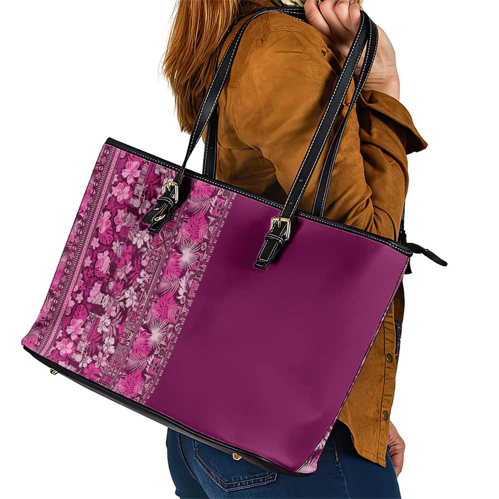 Hawaiian Tribal Elements Hibiscus Leather Tote Bag Pink Pattern - Polynesian Pride
