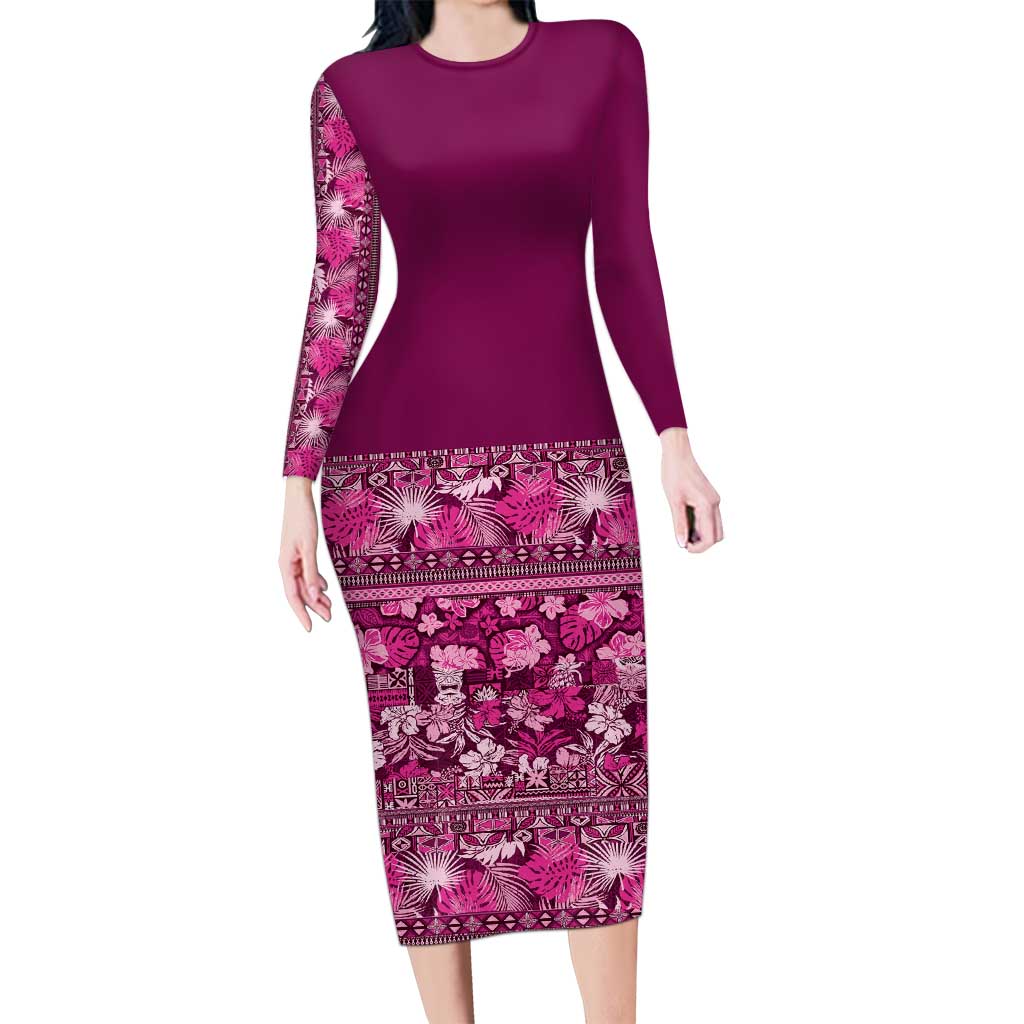 Hawaiian Tribal Elements Hibiscus Long Sleeve Bodycon Dress Pink Pattern - Polynesian Pride