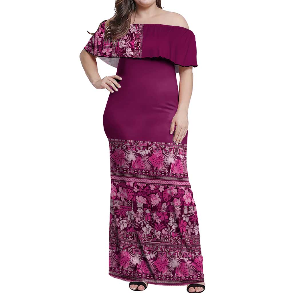 Hawaiian Tribal Elements Hibiscus Off Shoulder Maxi Dress Pink Pattern - Polynesian Pride