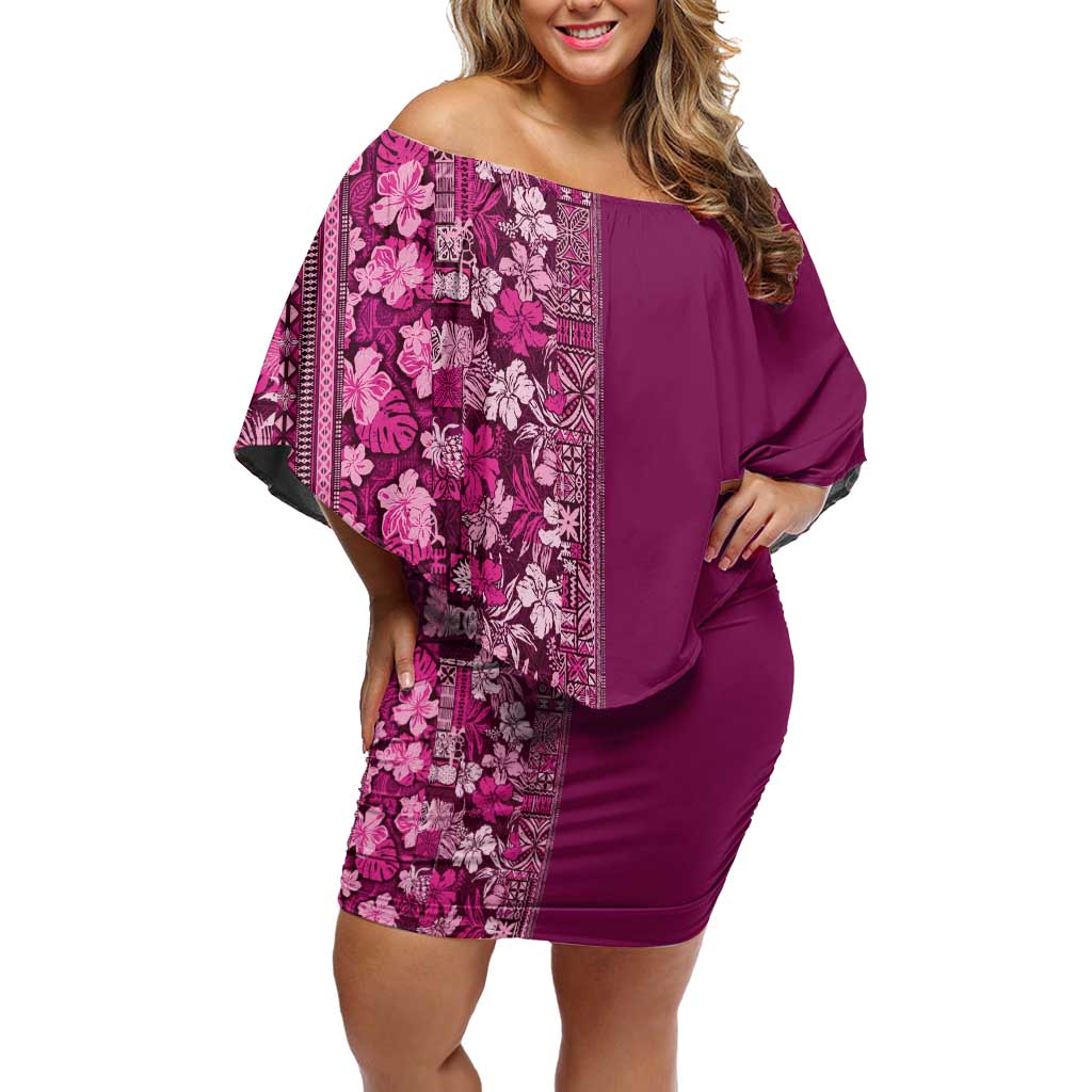 Hawaiian Tribal Elements Hibiscus Off Shoulder Short Dress Pink Pattern - Polynesian Pride