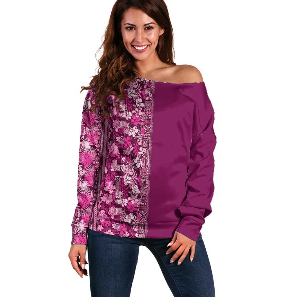 Hawaiian Tribal Elements Hibiscus Off Shoulder Sweater Pink Pattern - Polynesian Pride