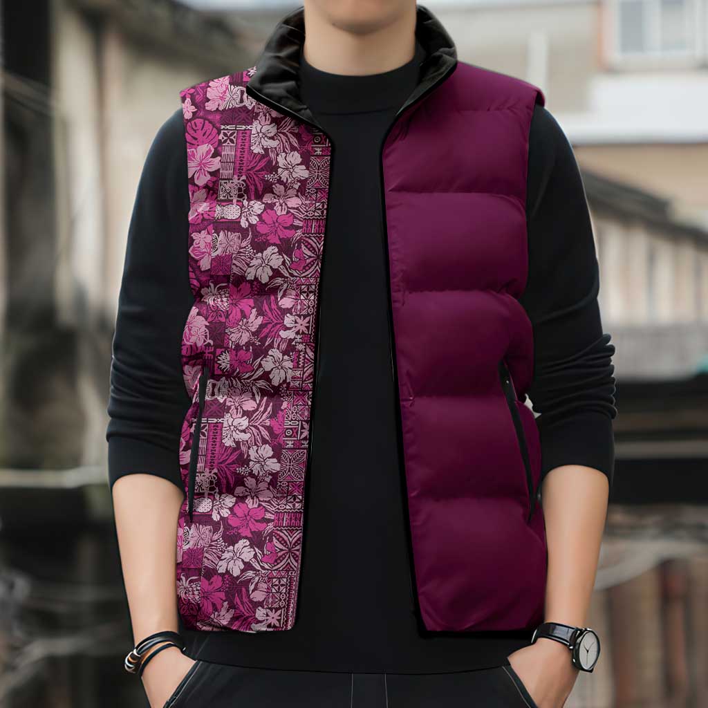 Hawaiian Tribal Elements Hibiscus Sleeveless Puffer Jacket Pink Pattern - Polynesian Pride