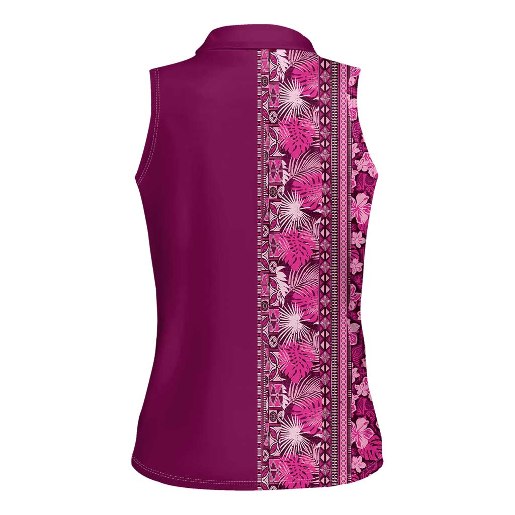 Hawaiian Tribal Elements Hibiscus Women Sleeveless Polo Shirt Pink Pattern - Polynesian Pride