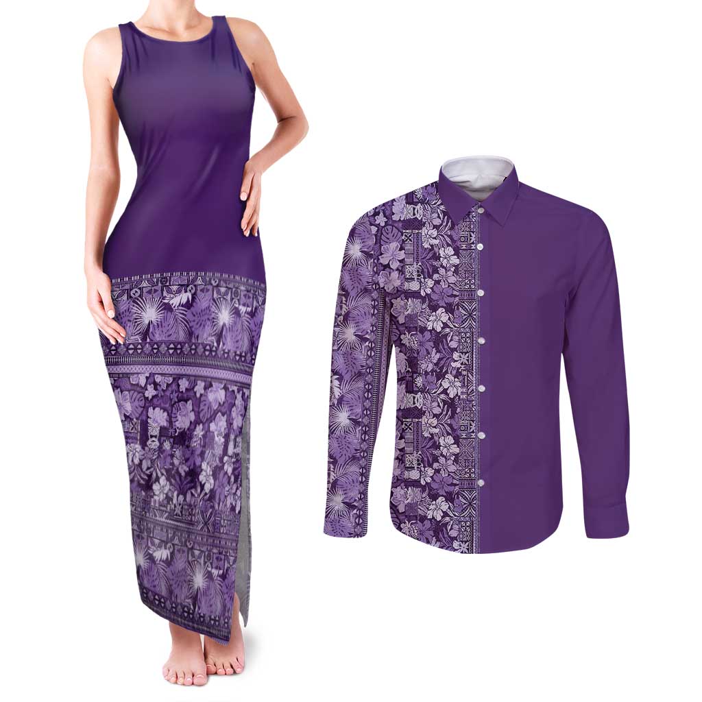Hawaiian Tribal Elements Hibiscus Couples Matching Tank Maxi Dress and Long Sleeve Button Shirt Purple Pattern - Polynesian Pride