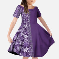 Hawaiian Tribal Elements Hibiscus Family Matching Off The Shoulder Long Sleeve Dress and Hawaiian Shirt Purple Pattern - Polynesian Pride