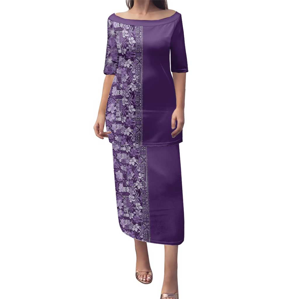 Hawaiian Tribal Elements Hibiscus Family Matching Puletasi and Hawaiian Shirt Purple Pattern - Polynesian Pride