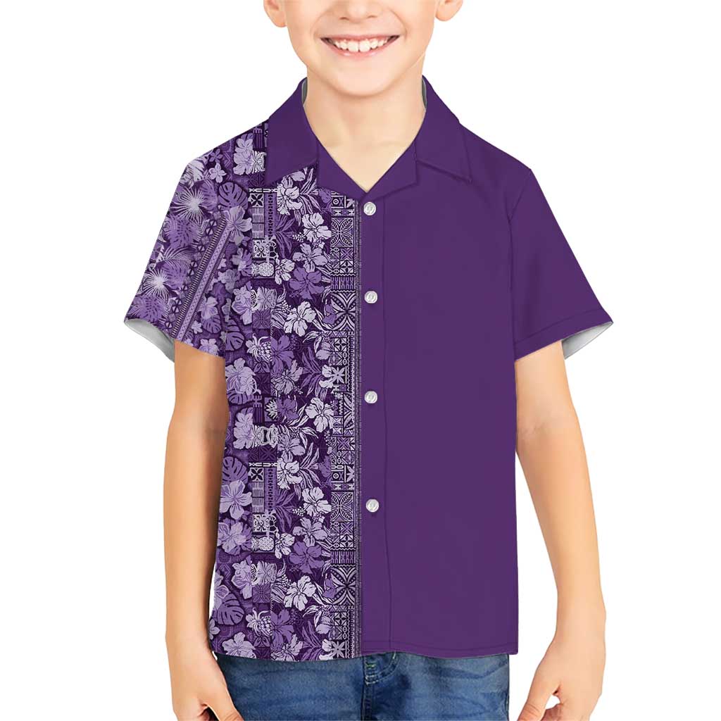 Hawaiian Tribal Elements Hibiscus Family Matching Short Sleeve Bodycon Dress and Hawaiian Shirt Purple Pattern - Polynesian Pride