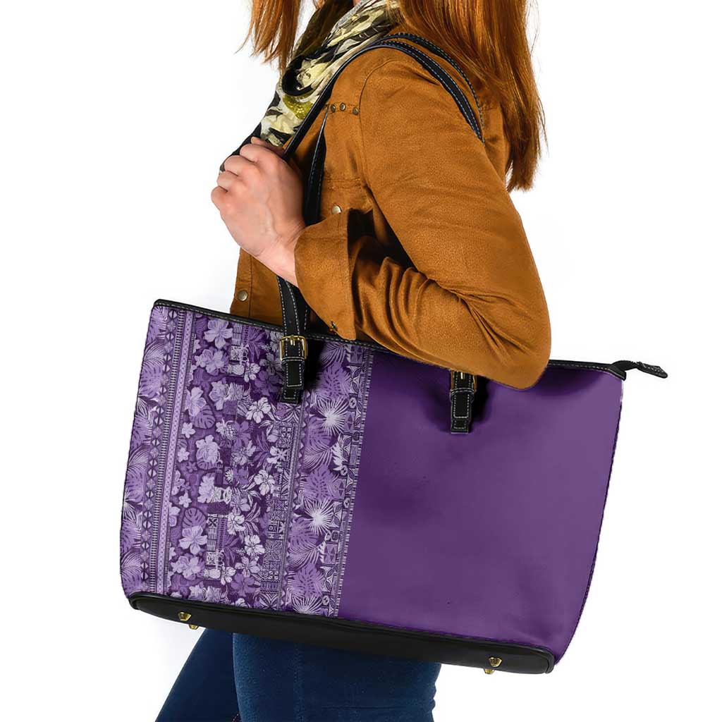 Hawaiian Tribal Elements Hibiscus Leather Tote Bag Purple Pattern - Polynesian Pride
