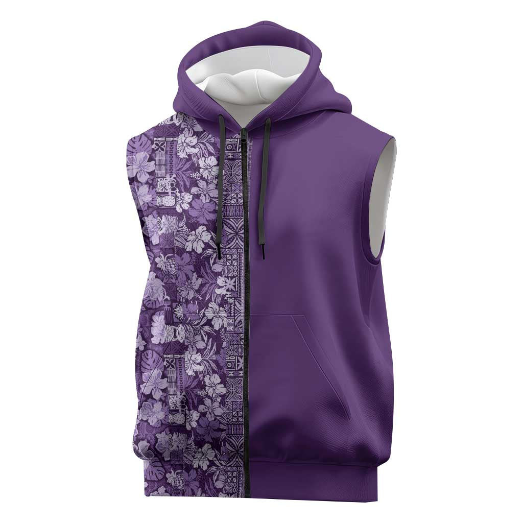 Hawaiian Tribal Elements Hibiscus Sleeveless Zip Hoodie Purple Pattern - Polynesian Pride