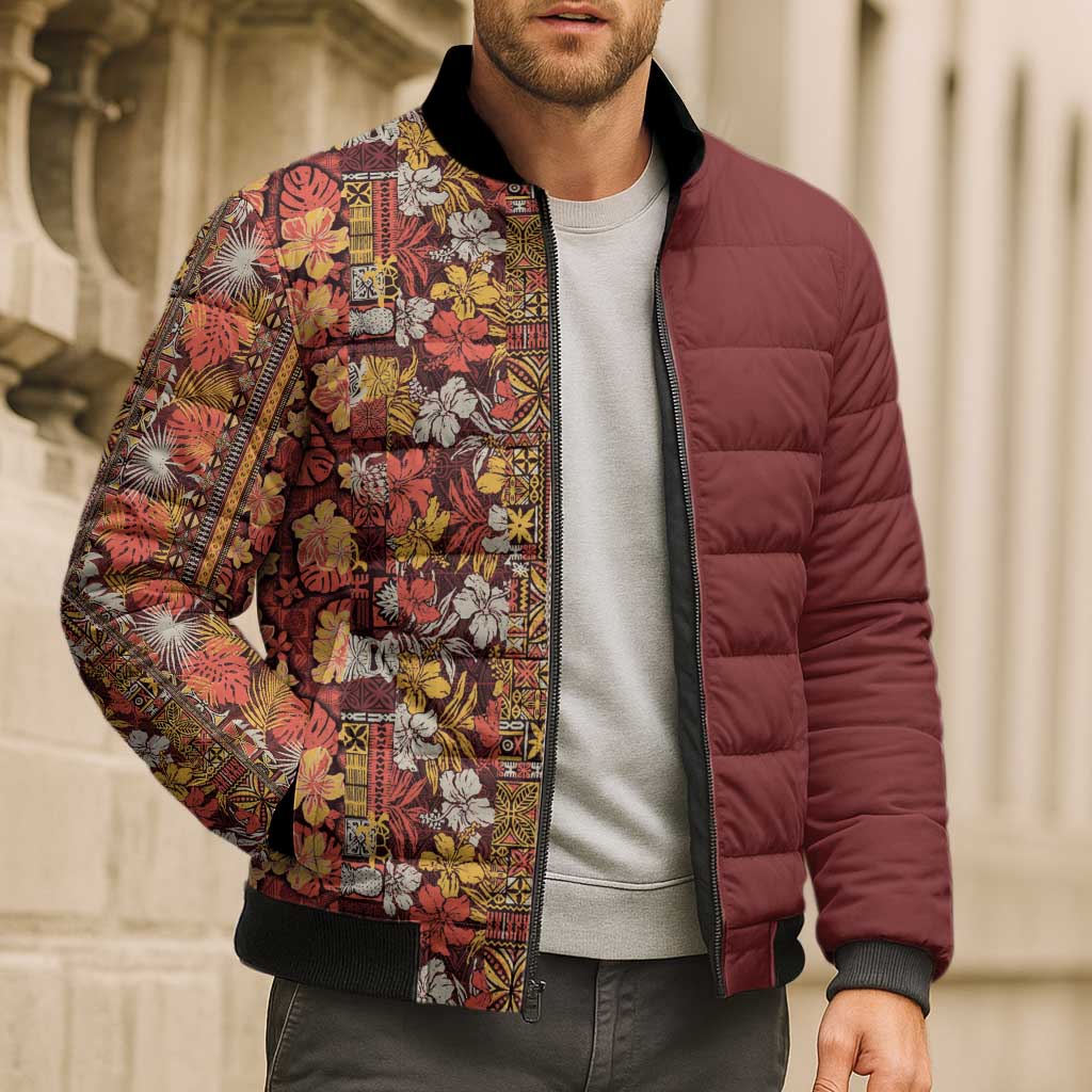 Hawaiian Tribal Elements Hibiscus Bomber Puffer Jacket Red Pattern - Polynesian Pride