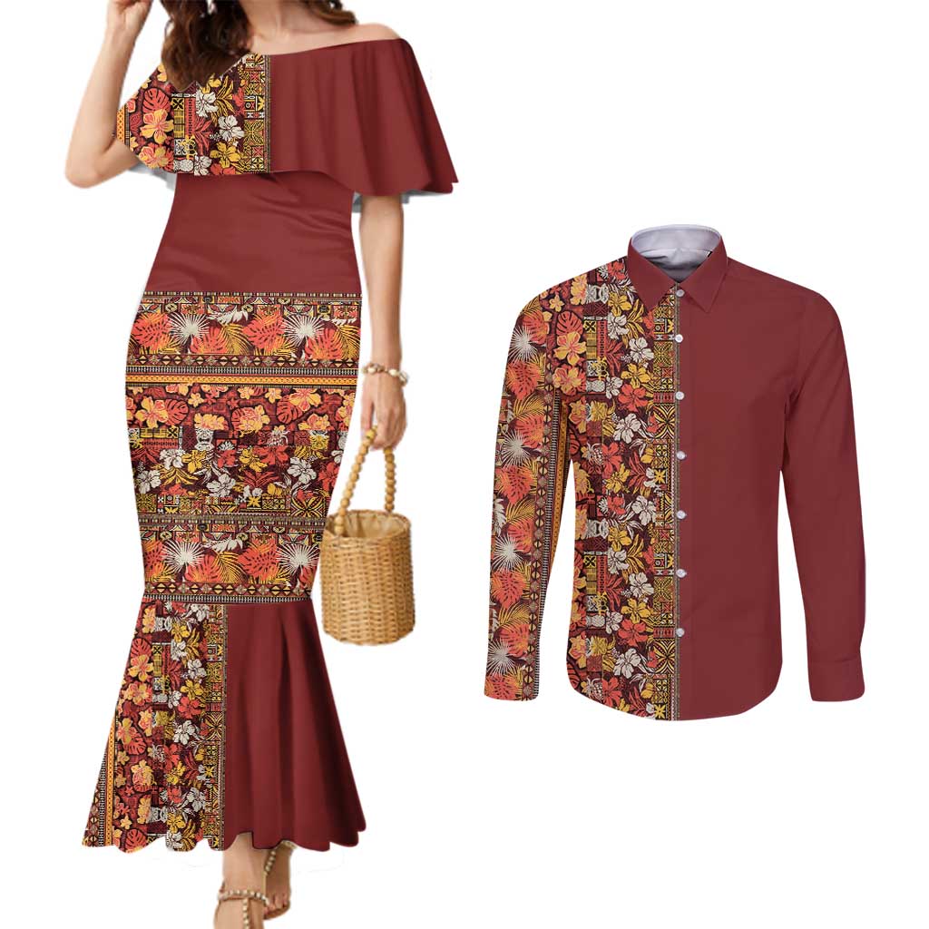 Hawaiian Tribal Elements Hibiscus Couples Matching Mermaid Dress and Long Sleeve Button Shirt Red Pattern - Polynesian Pride