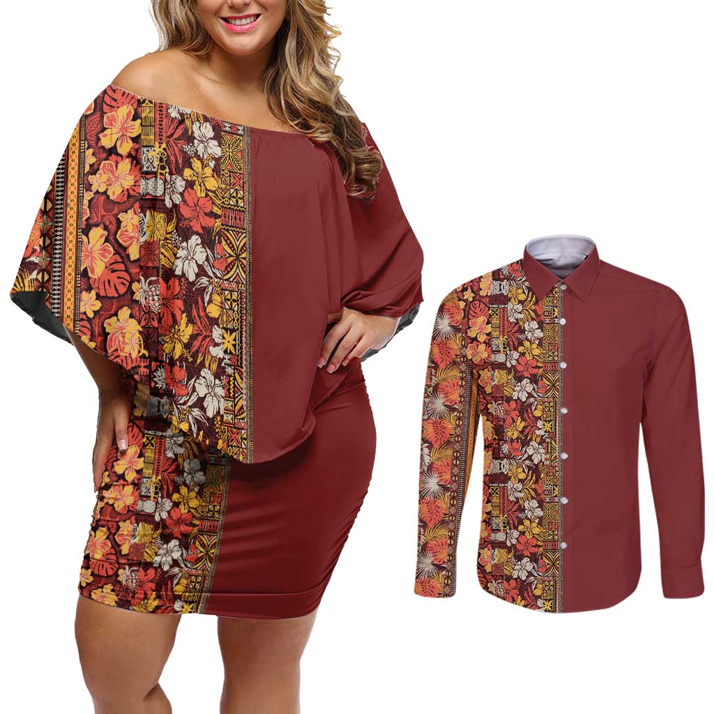 Hawaiian Tribal Elements Hibiscus Couples Matching Off Shoulder Short Dress and Long Sleeve Button Shirt Red Pattern - Polynesian Pride