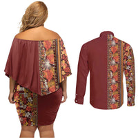 Hawaiian Tribal Elements Hibiscus Couples Matching Off Shoulder Short Dress and Long Sleeve Button Shirt Red Pattern - Polynesian Pride