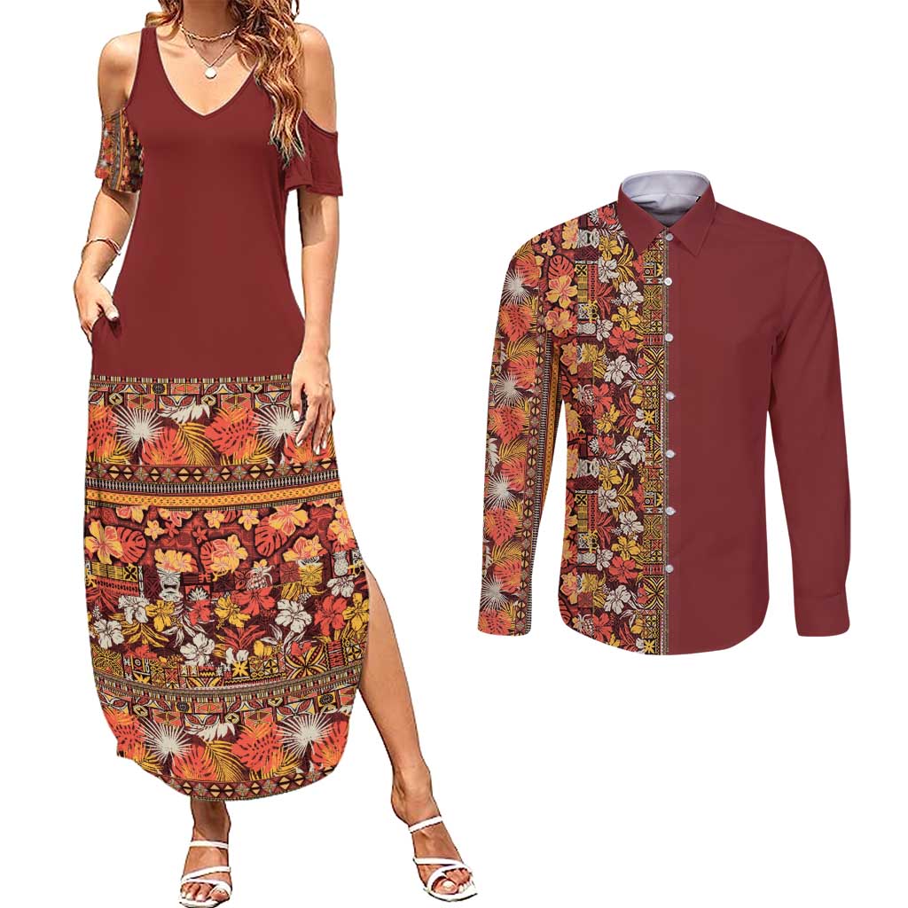 Hawaiian Tribal Elements Hibiscus Couples Matching Summer Maxi Dress and Long Sleeve Button Shirt Red Pattern - Polynesian Pride