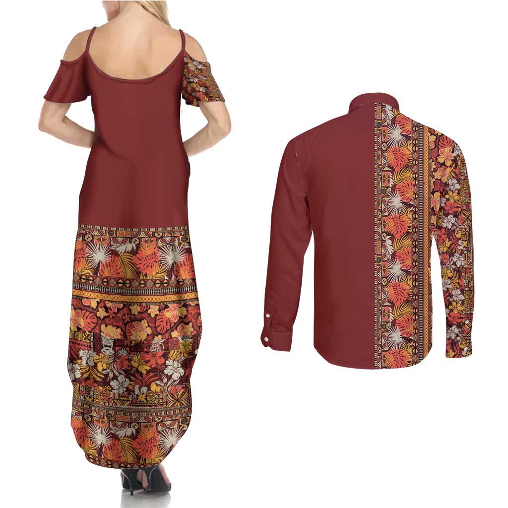 Hawaiian Tribal Elements Hibiscus Couples Matching Summer Maxi Dress and Long Sleeve Button Shirt Red Pattern - Polynesian Pride